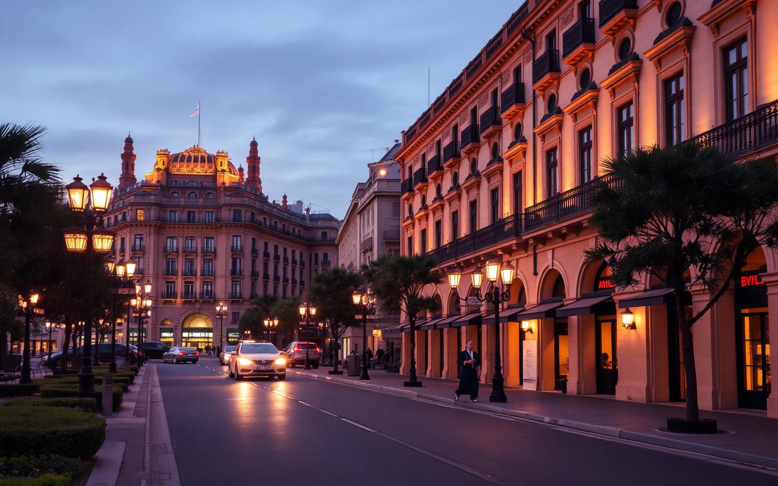 Bulevar de Barcelona iluminado ao anoitecer