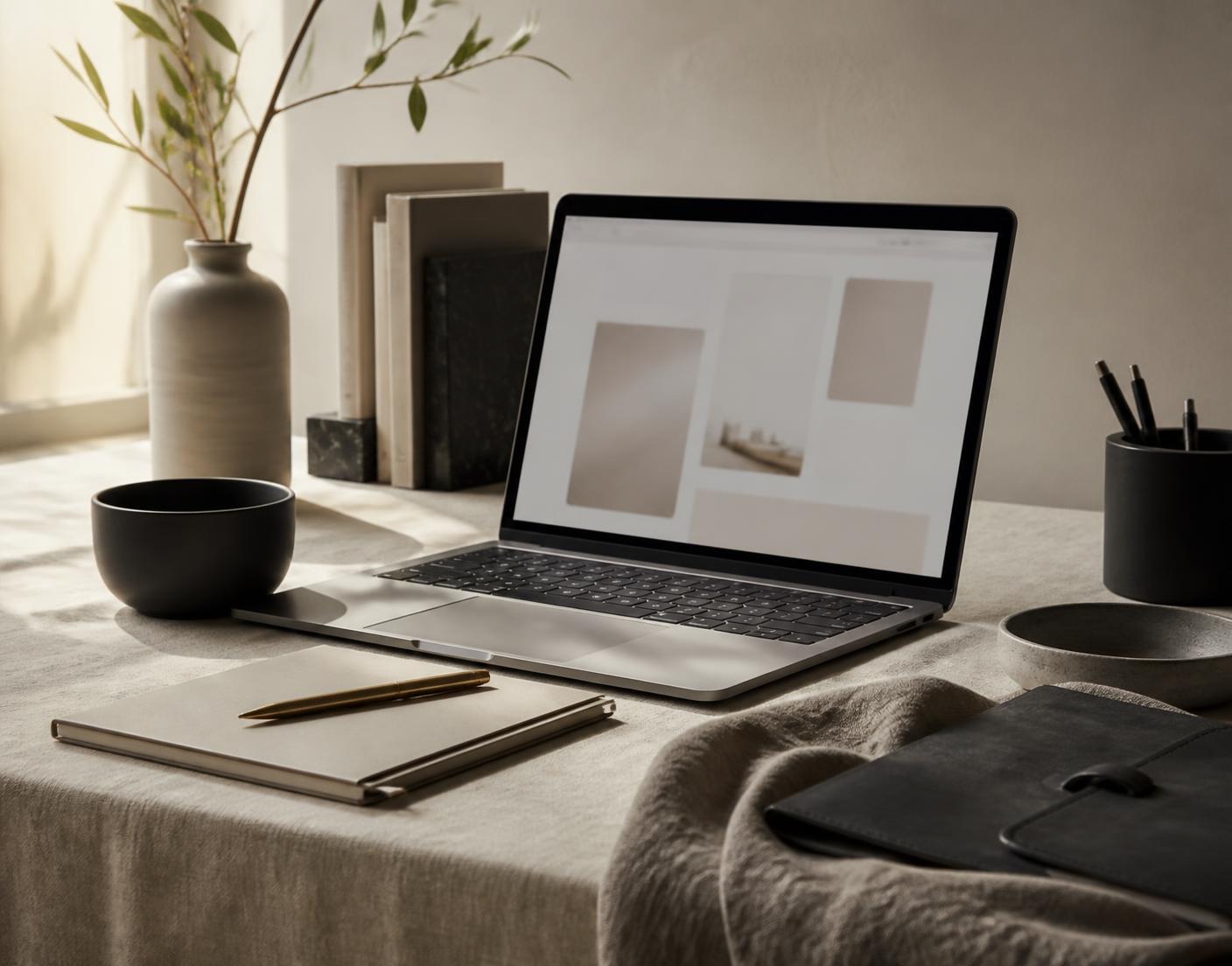 Escritório sereno com notebook mostrando uma interface de trabalho