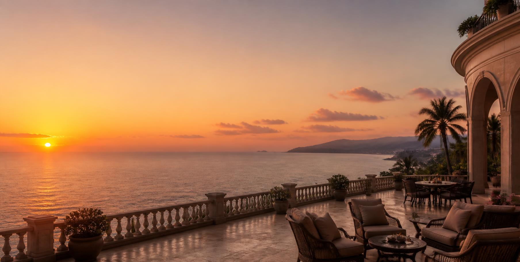 Pôr do sol sobre o mar desde o terraço de um hotel